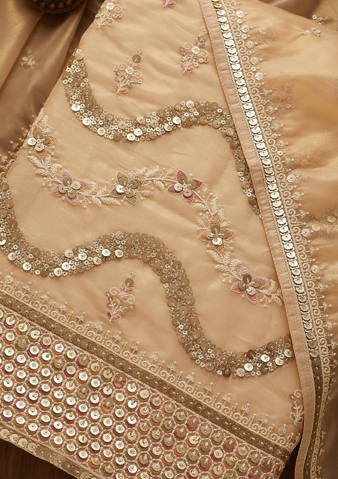 Beige Sequins Organza Unstitched Salwar Suit-Koskii