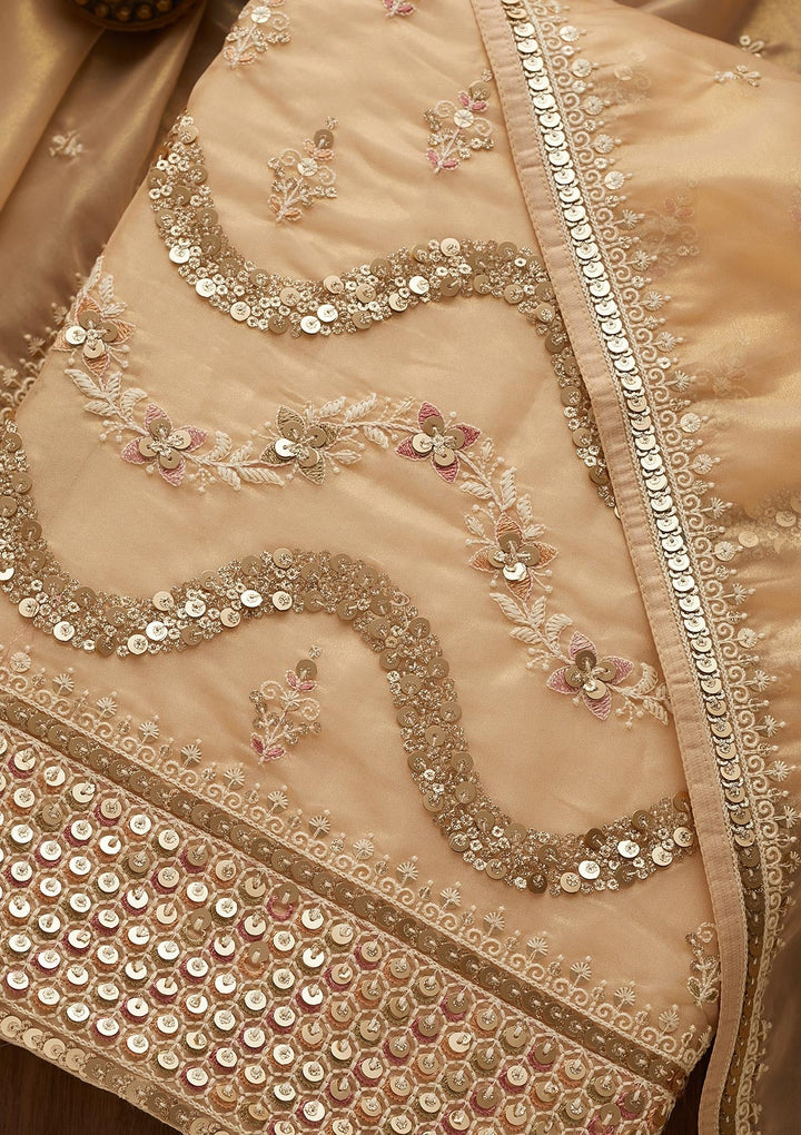 Beige Sequins Organza Unstitched Salwar Suit-Koskii
