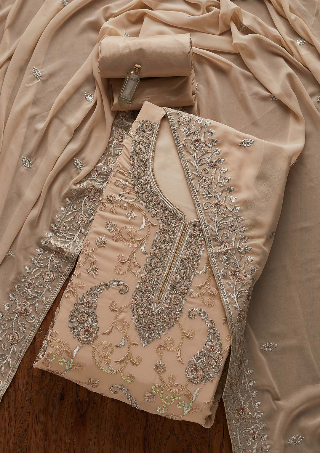 Beige Silver Stonework Georgette Designer Unstitched Salwar Suit - Koskii