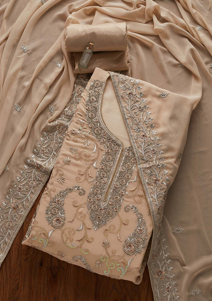 Beige Silver Stonework Georgette Designer Unstitched Salwar Suit - Koskii
