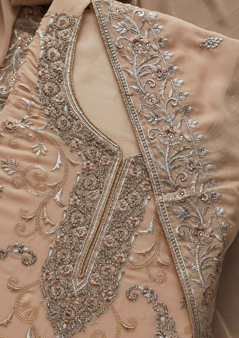 Beige Silver Stonework Georgette Designer Unstitched Salwar Suit - Koskii