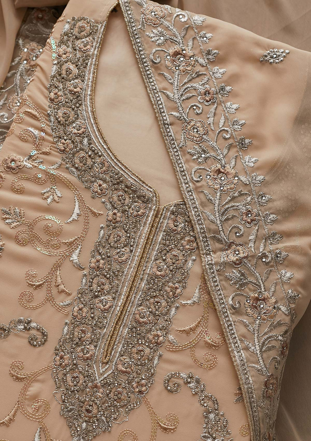 Beige Silver Stonework Georgette Designer Unstitched Salwar Suit - Koskii