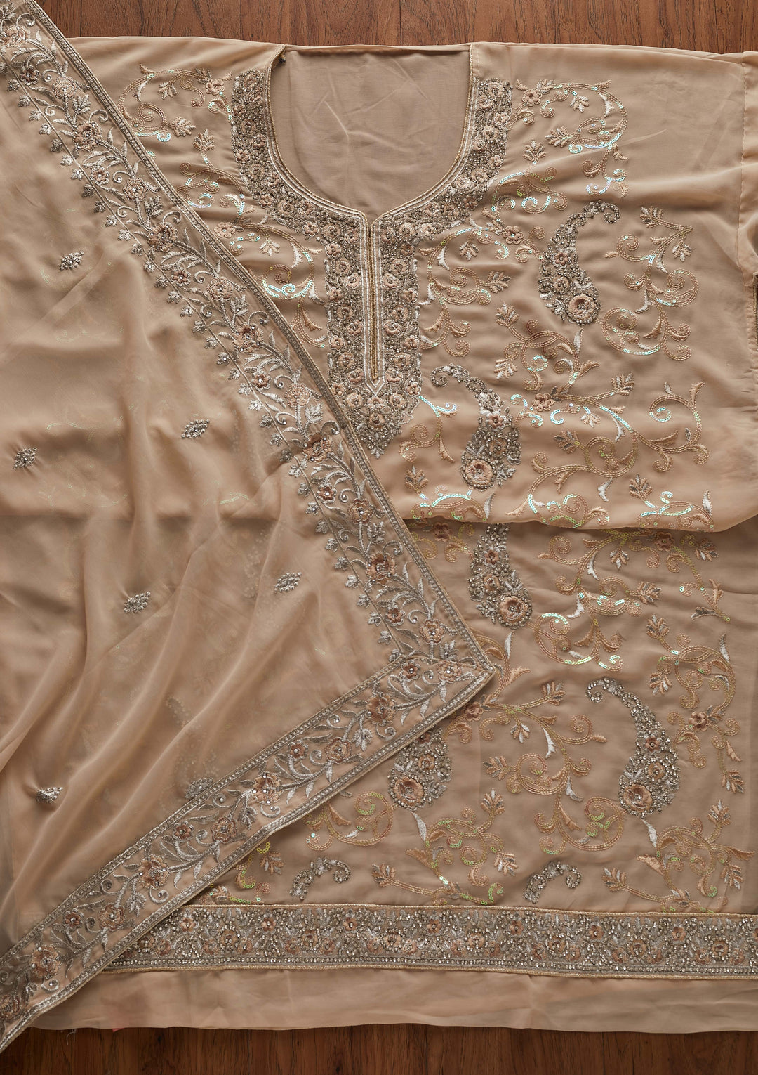 Beige Silver Stonework Georgette Designer Unstitched Salwar Suit - Koskii