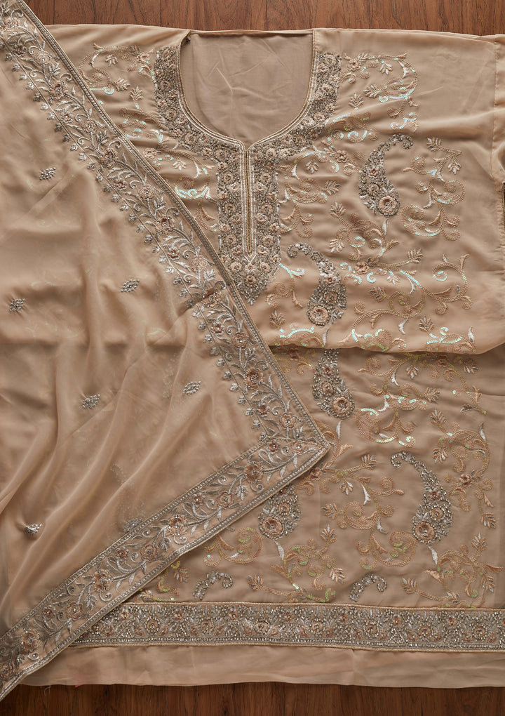Beige Silver Stonework Georgette Designer Unstitched Salwar Suit - Koskii