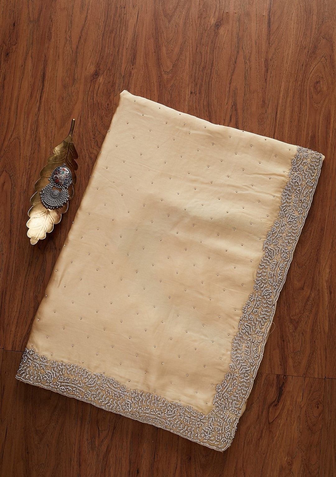 Beige Stonework Satin Designer Saree - koskii