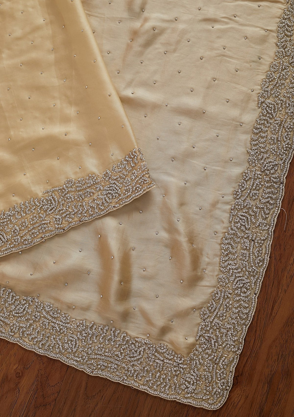 Beige Stonework Satin Designer Saree - koskii