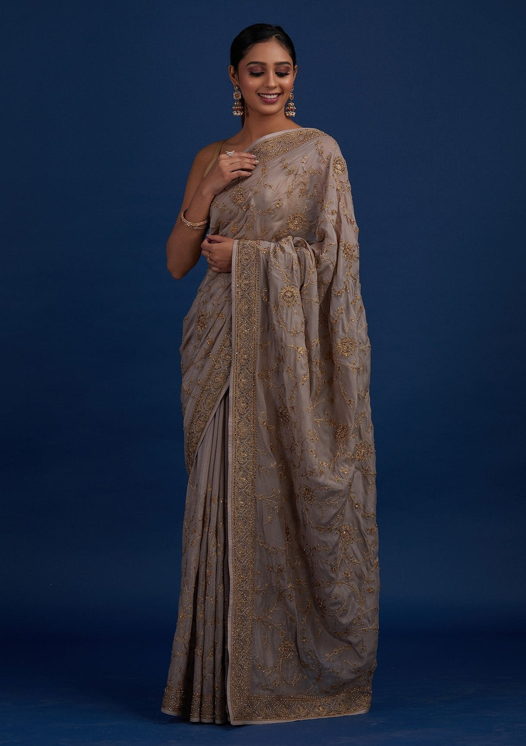Beige Stonework Semi Crepe Designer Saree - Koskii
