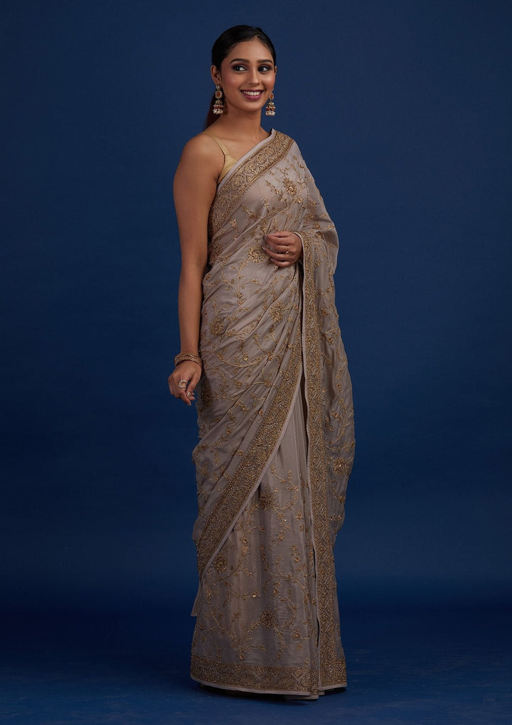 Beige Stonework Semi Crepe Designer Saree - Koskii