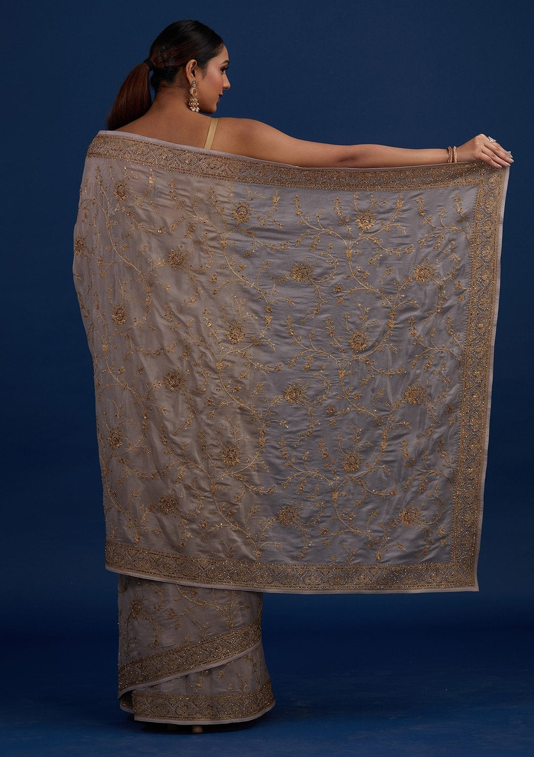 Beige Stonework Semi Crepe Designer Saree - Koskii