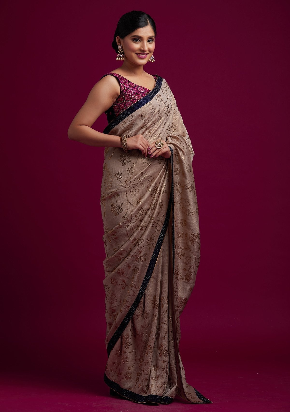 Beige Swarovski Shimmer Designer Saree - koskii