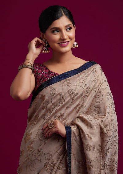 Beige Swarovski Shimmer Designer Saree - koskii