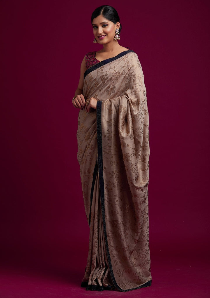 Beige Swarovski Shimmer Designer Saree - koskii