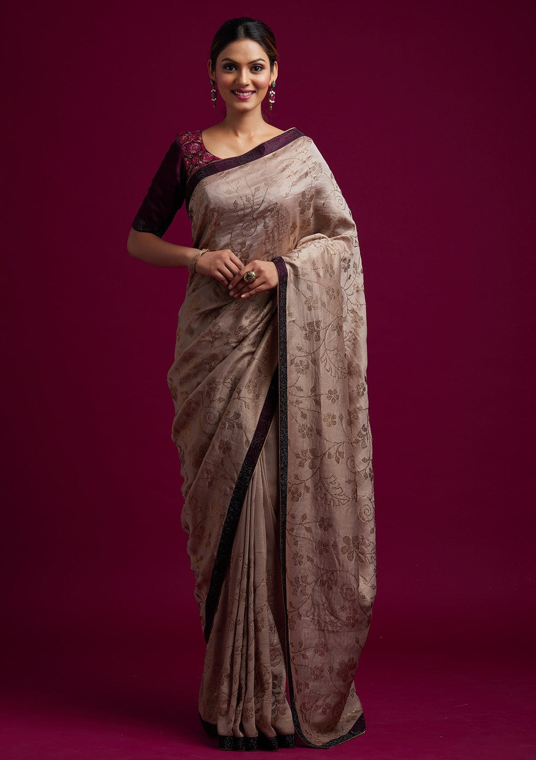 Beige Swarovski Shimmer Designer Saree - koskii