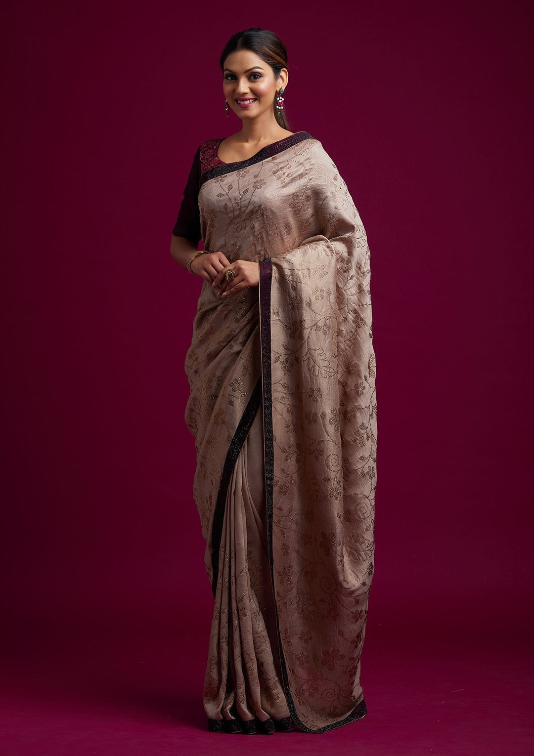 Beige Swarovski Shimmer Designer Saree - koskii