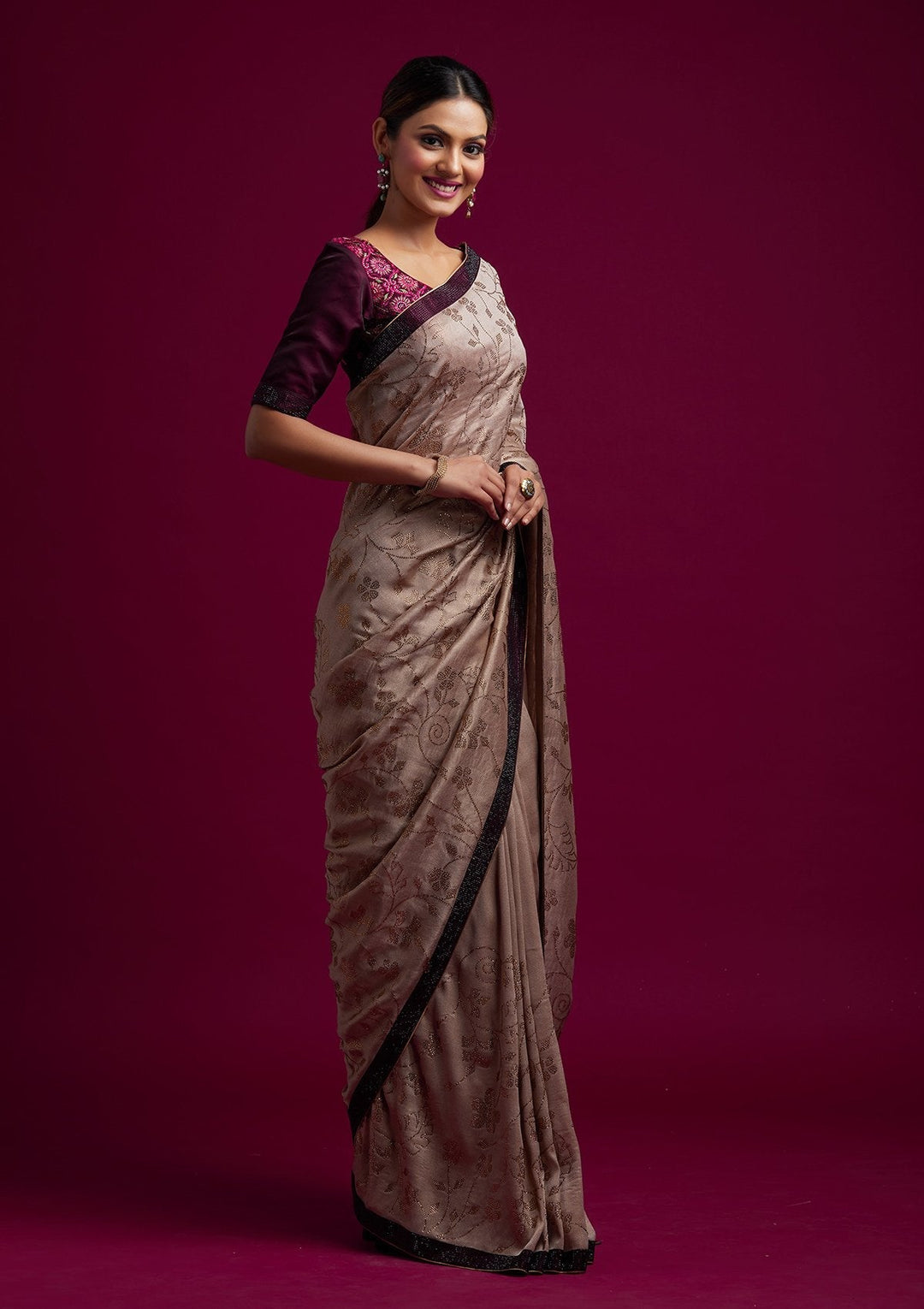Beige Swarovski Shimmer Designer Saree - koskii
