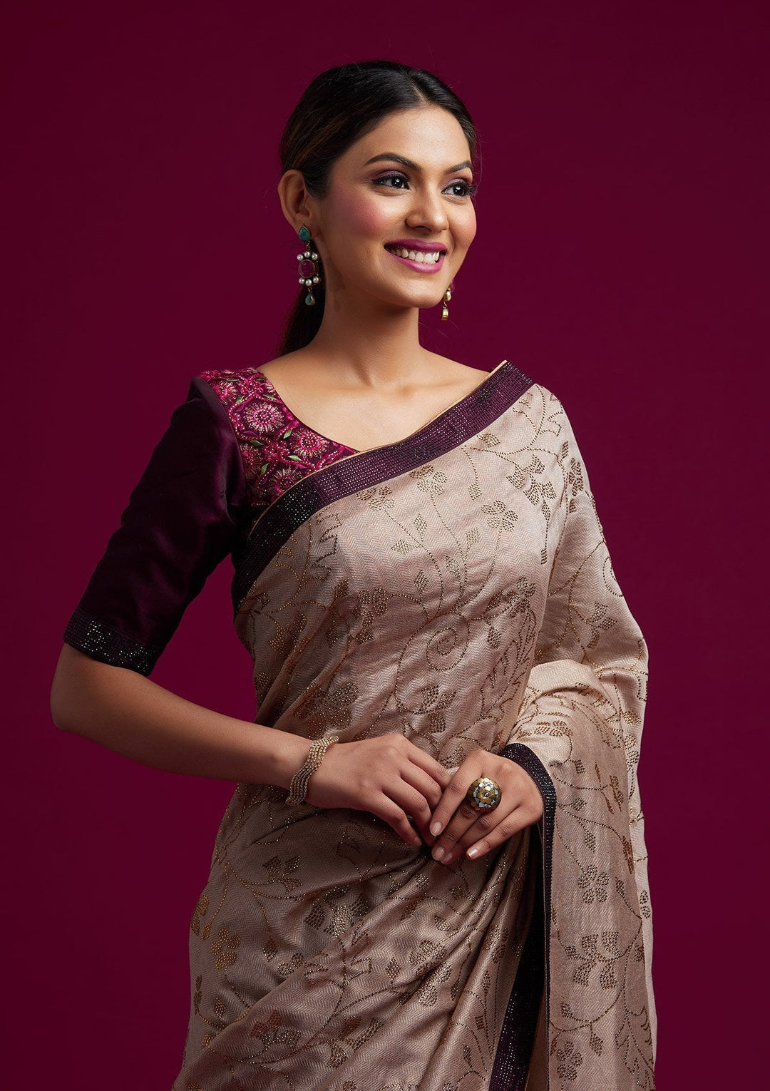 Beige Swarovski Shimmer Designer Saree - koskii