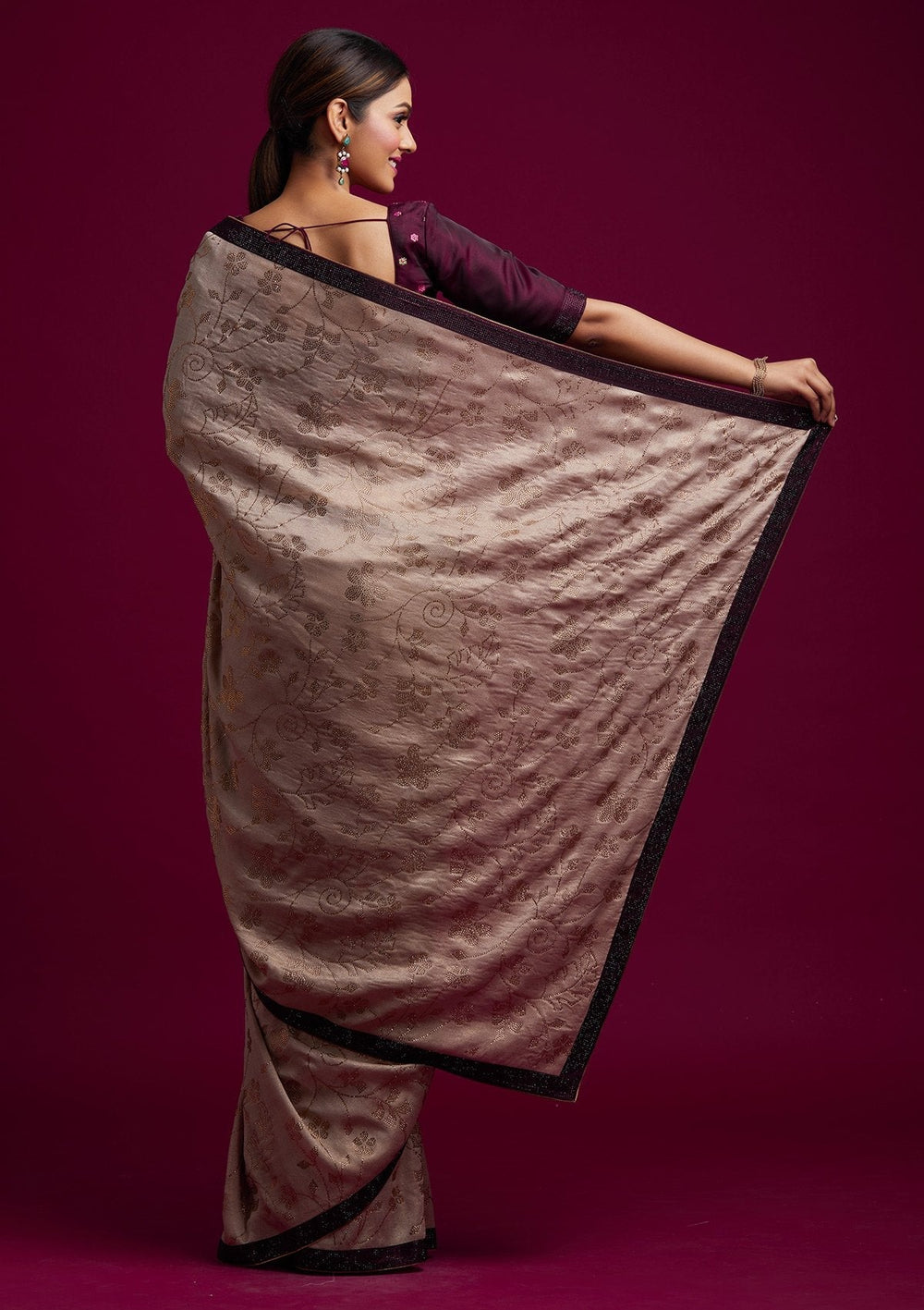 Beige Swarovski Shimmer Designer Saree - koskii