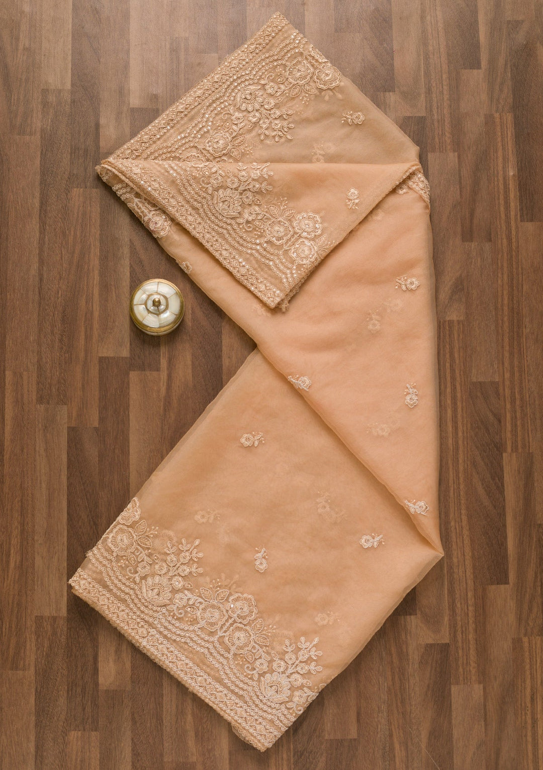 Beige Threadwork Net Dupatta-Koskii