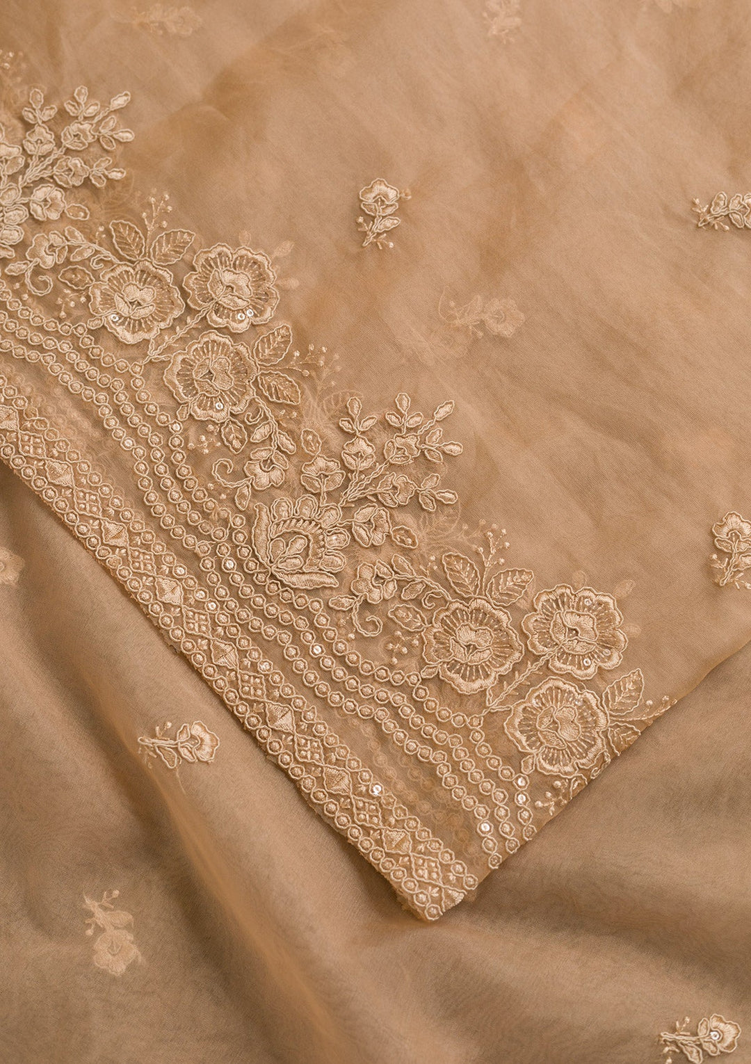 Beige Threadwork Net Dupatta-Koskii