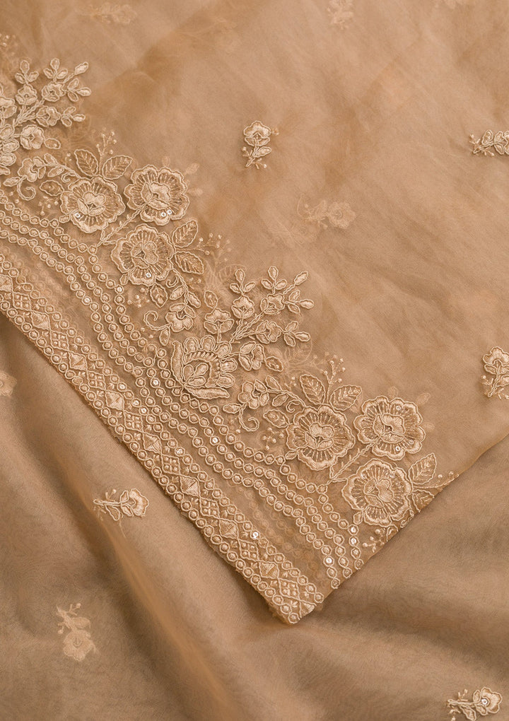 Beige Threadwork Net Dupatta-Koskii