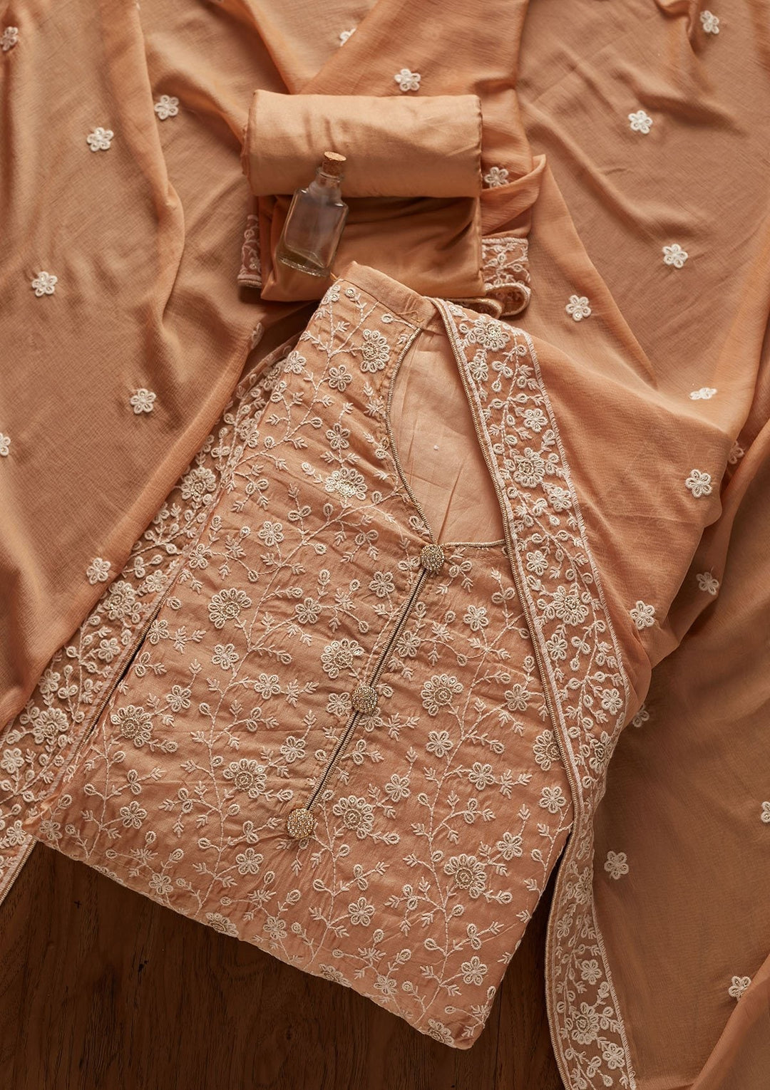 Beige Threadwork Chanderi Designer Unstitched Salwar Suit - koskii