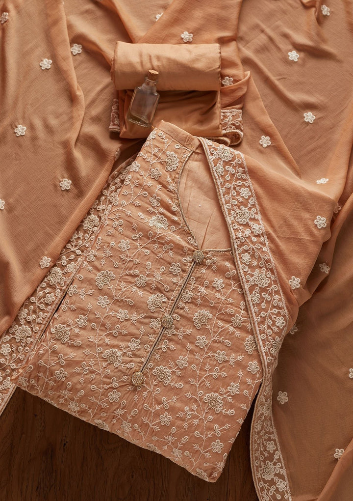 Beige Threadwork Chanderi Designer Unstitched Salwar Suit - koskii