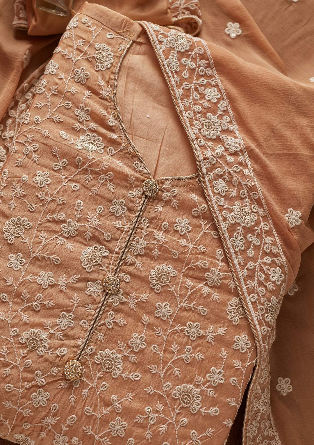 Beige Threadwork Chanderi Designer Unstitched Salwar Suit - koskii