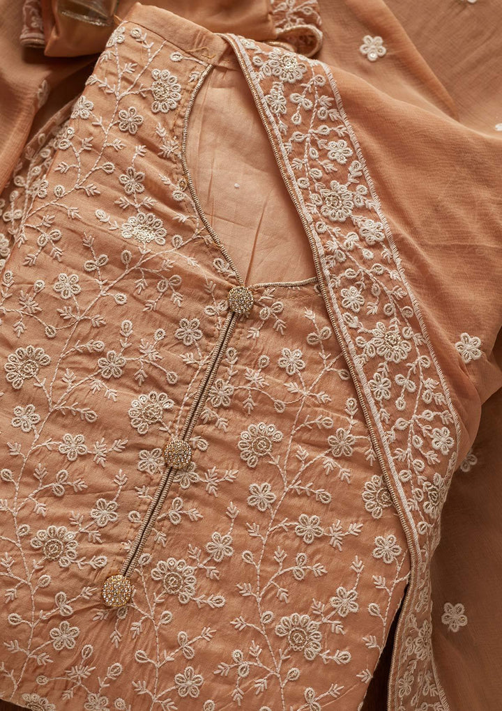 Beige Threadwork Chanderi Designer Unstitched Salwar Suit - koskii