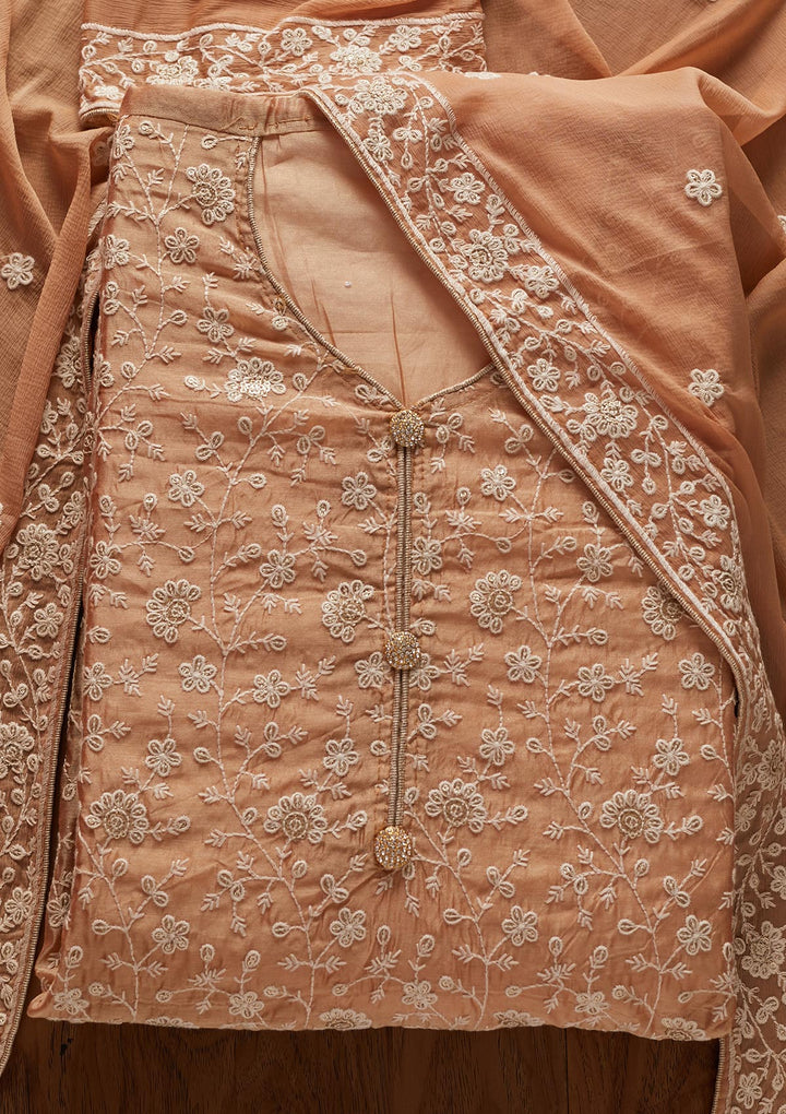 Beige Threadwork Chanderi Designer Unstitched Salwar Suit - koskii