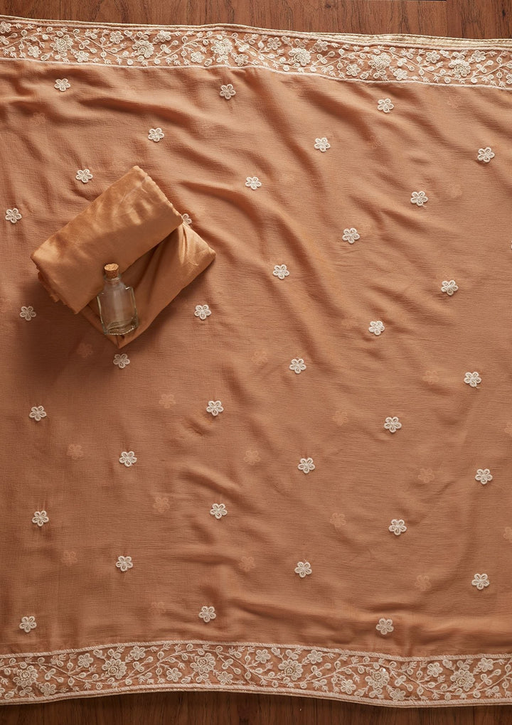 Beige Threadwork Chanderi Designer Unstitched Salwar Suit - koskii
