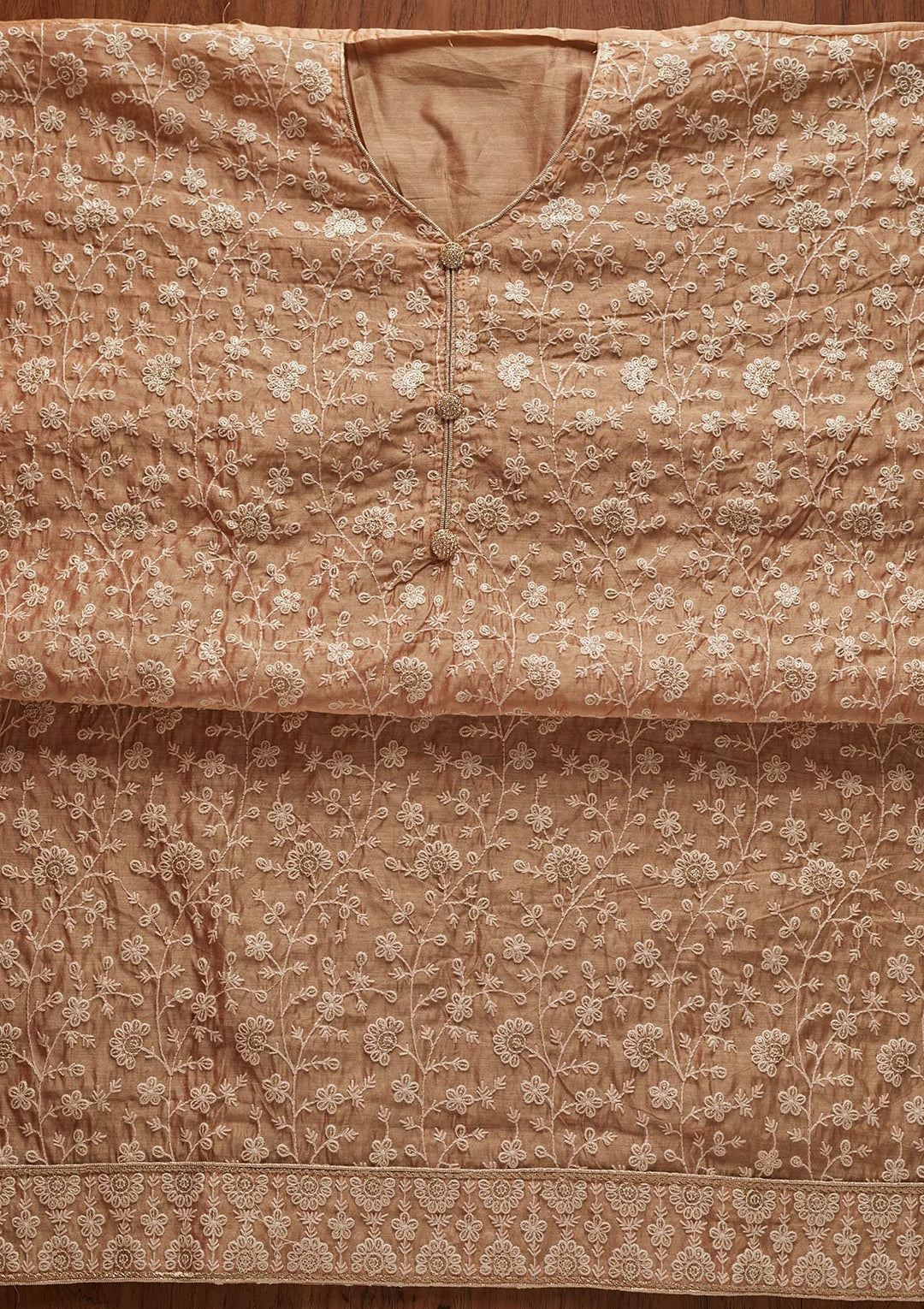 Beige Threadwork Chanderi Designer Unstitched Salwar Suit - koskii