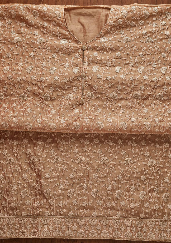 Beige Threadwork Chanderi Designer Unstitched Salwar Suit - koskii