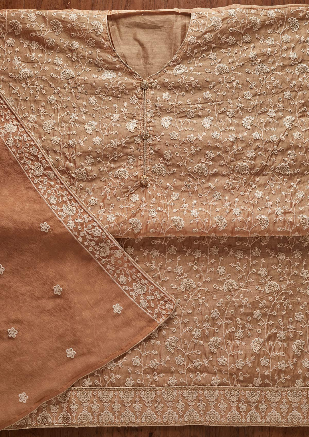Beige Threadwork Chanderi Designer Unstitched Salwar Suit - koskii