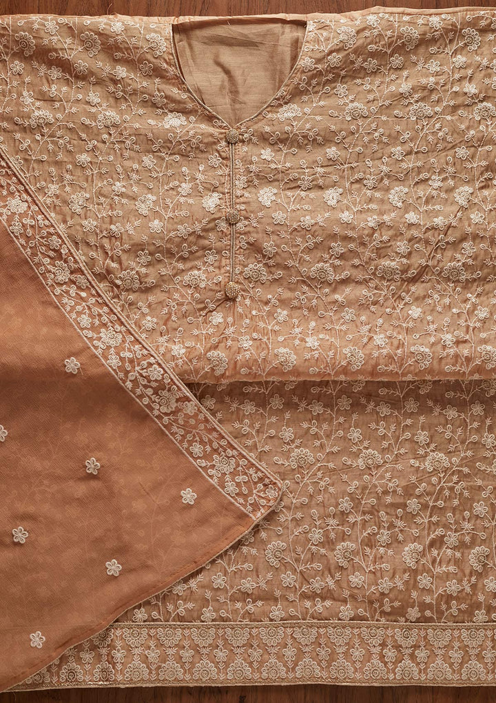 Beige Threadwork Chanderi Designer Unstitched Salwar Suit - koskii