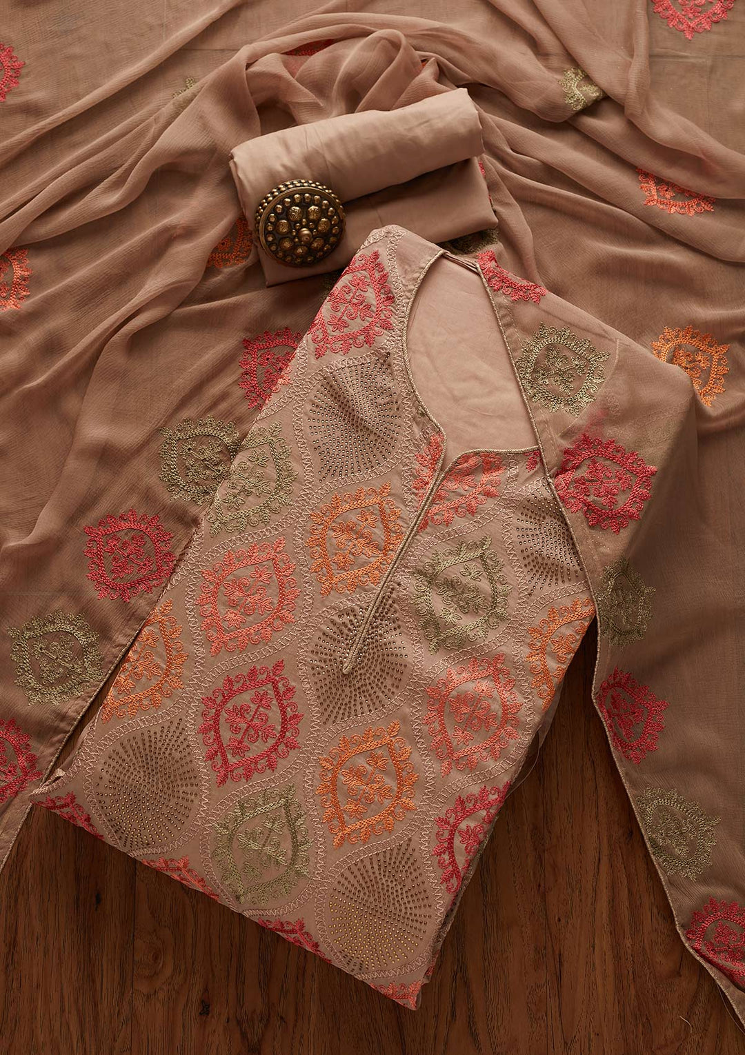 Beige Threadwork Chanderi Designer Unstitched Salwar Suit - Koskii