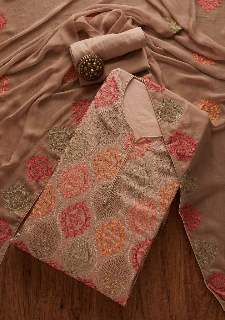 Beige Threadwork Chanderi Designer Unstitched Salwar Suit - Koskii