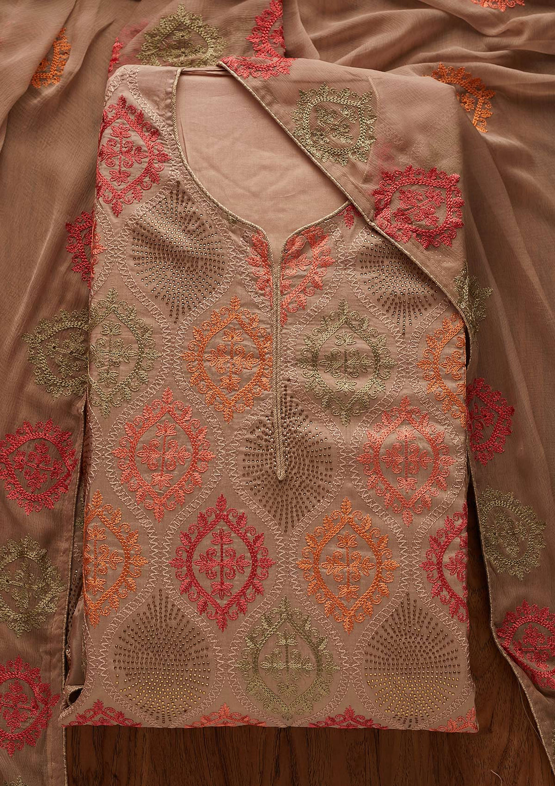 Beige Threadwork Chanderi Designer Unstitched Salwar Suit - Koskii