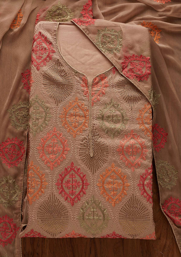 Beige Threadwork Chanderi Designer Unstitched Salwar Suit - Koskii