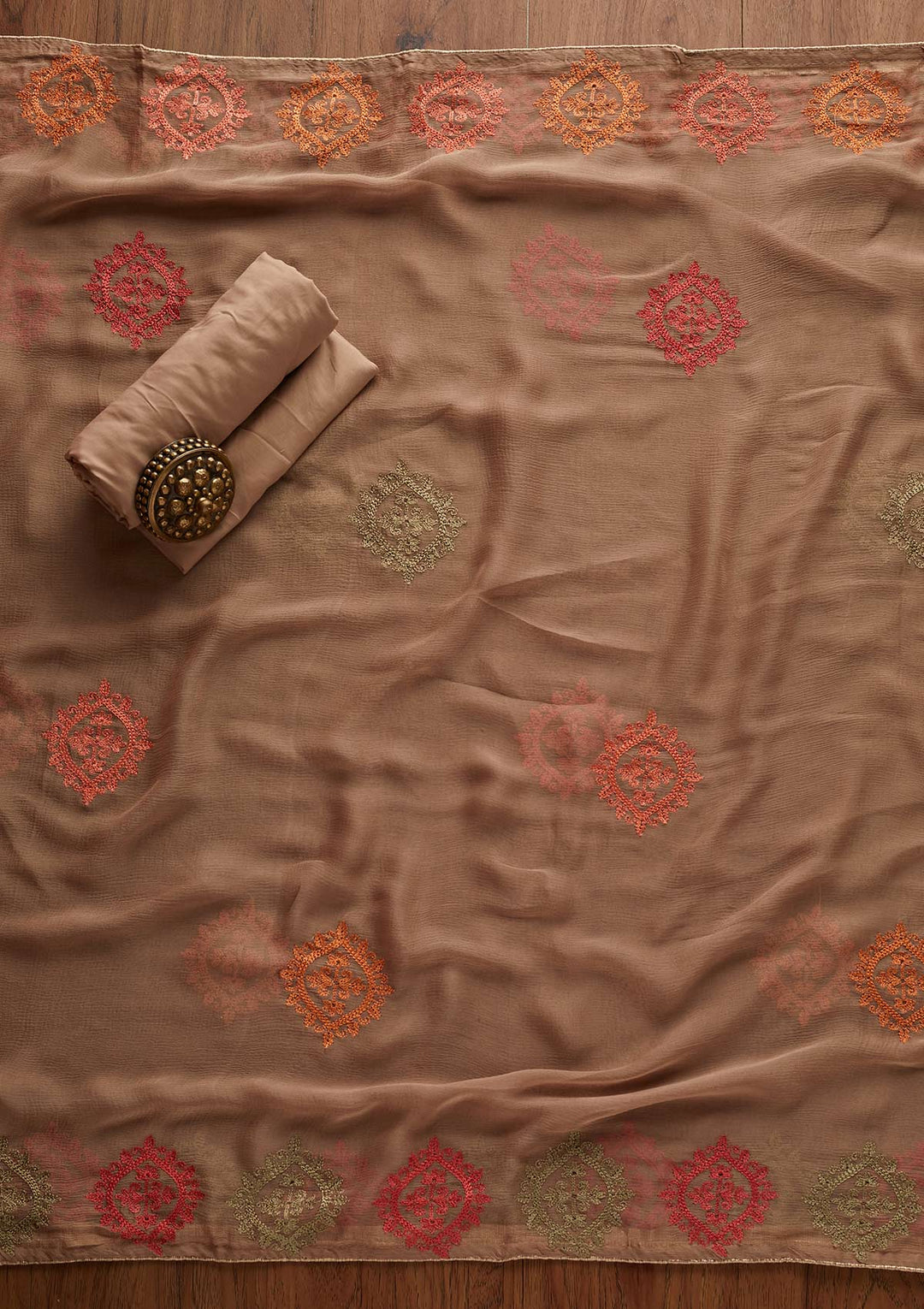 Beige Threadwork Chanderi Designer Unstitched Salwar Suit - Koskii