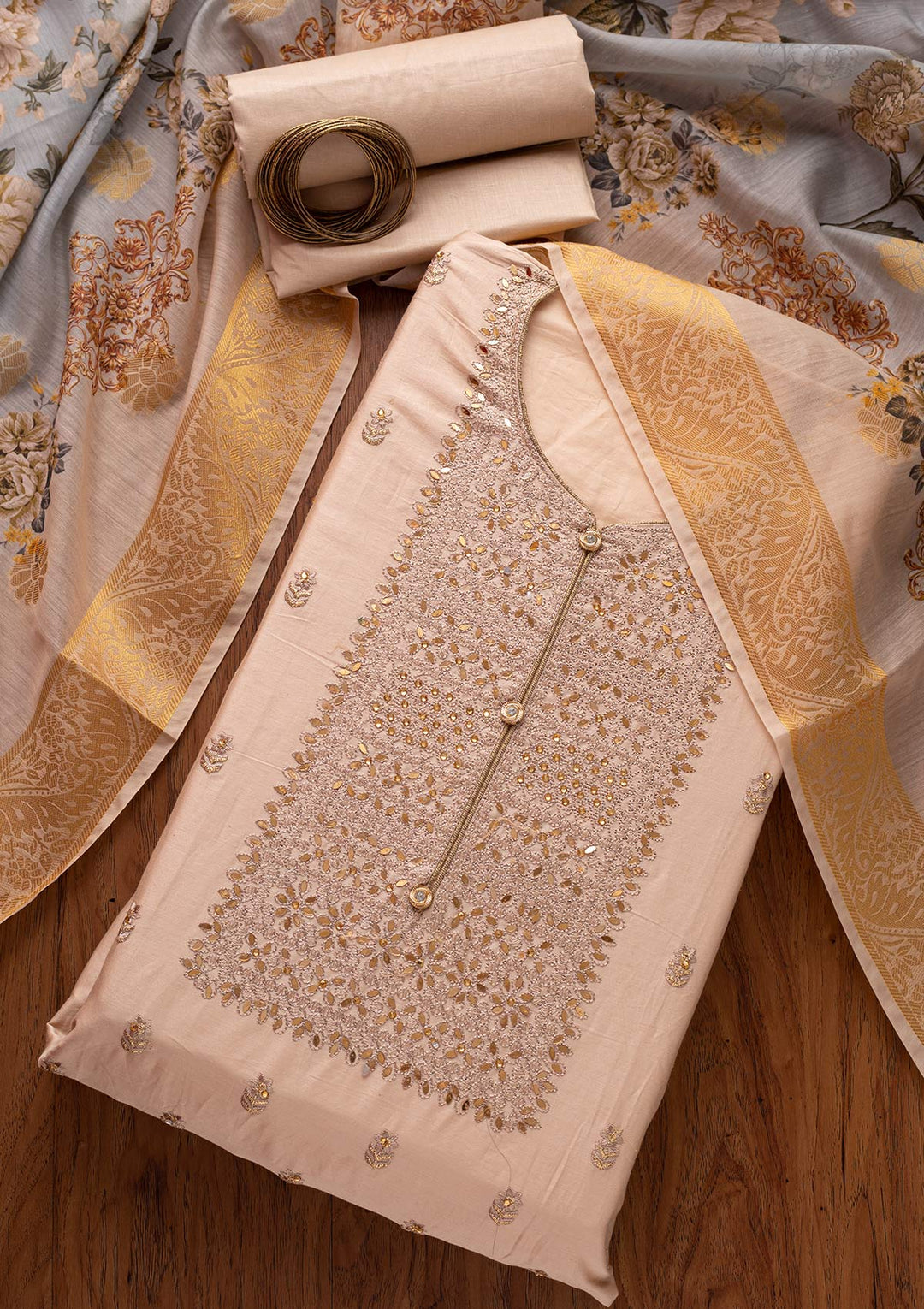 Beige Threadwork Cotton Designer Unstitched Salwar Suit - koskii