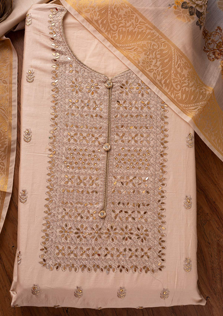 Beige Threadwork Cotton Designer Unstitched Salwar Suit - koskii