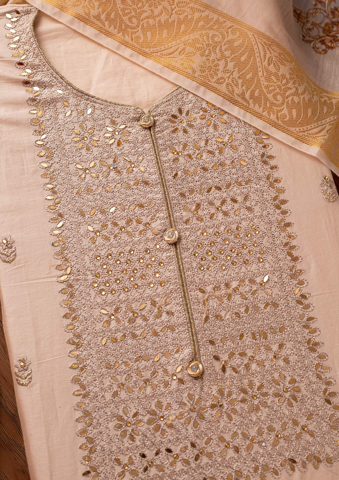 Beige Threadwork Cotton Designer Unstitched Salwar Suit - koskii