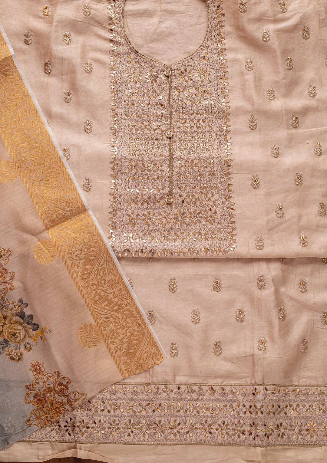 Beige Threadwork Cotton Designer Unstitched Salwar Suit - koskii
