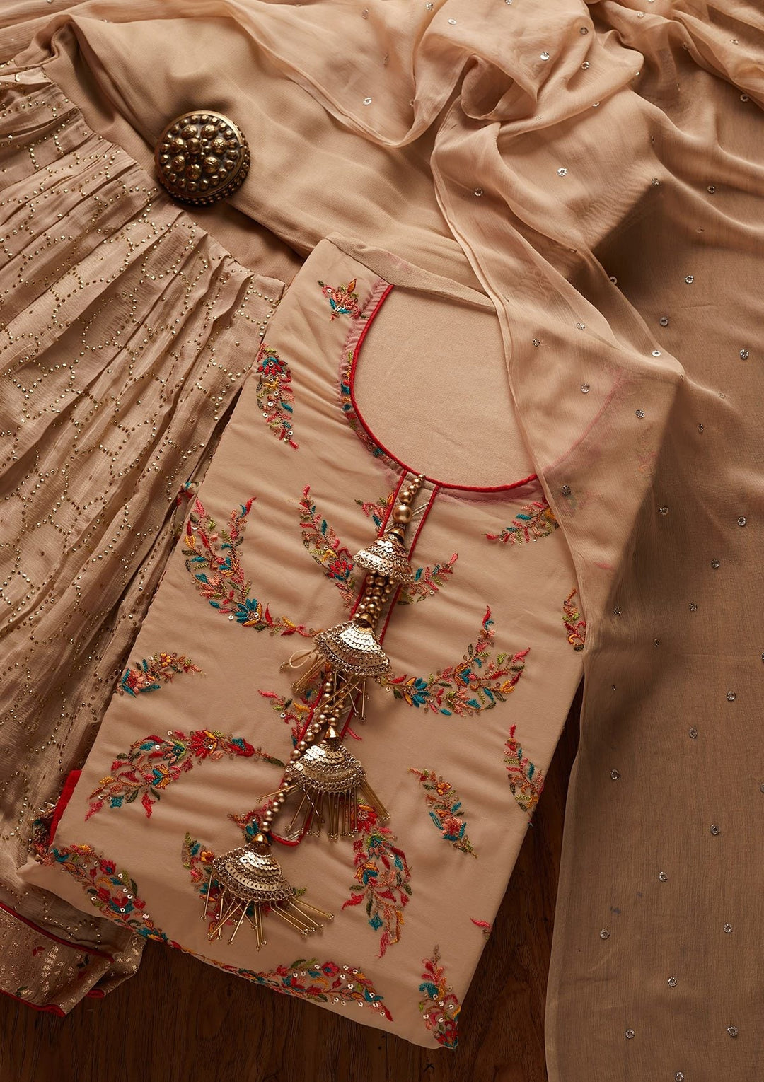 Beige Threadwork Georgette Designer Semi-Stitched Salwar Suit - koskii