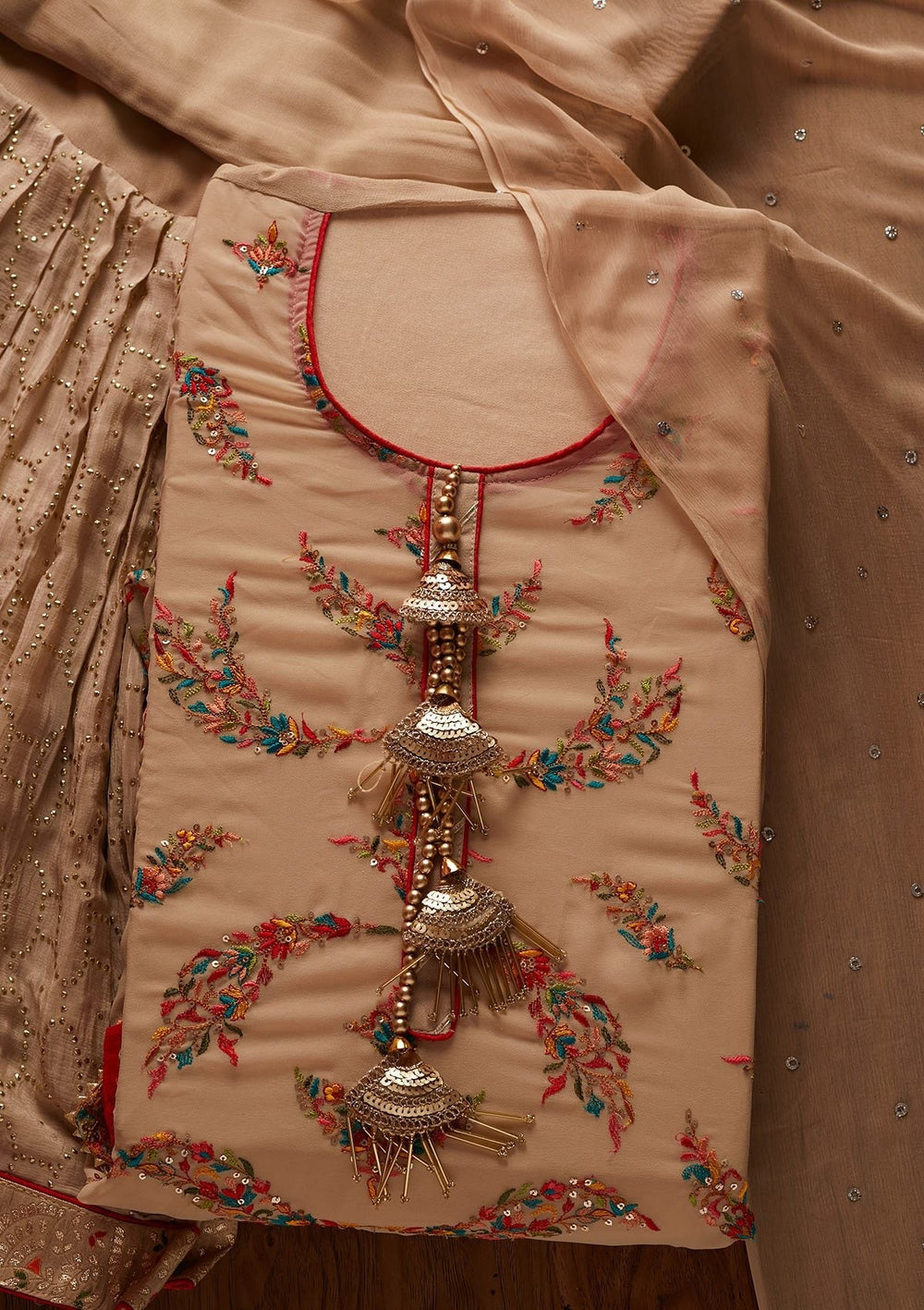 Beige Threadwork Georgette Designer Semi-Stitched Salwar Suit - koskii