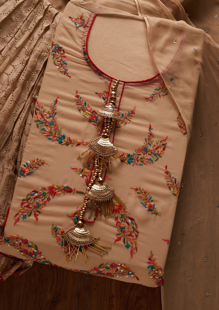 Beige Threadwork Georgette Designer Semi-Stitched Salwar Suit - koskii