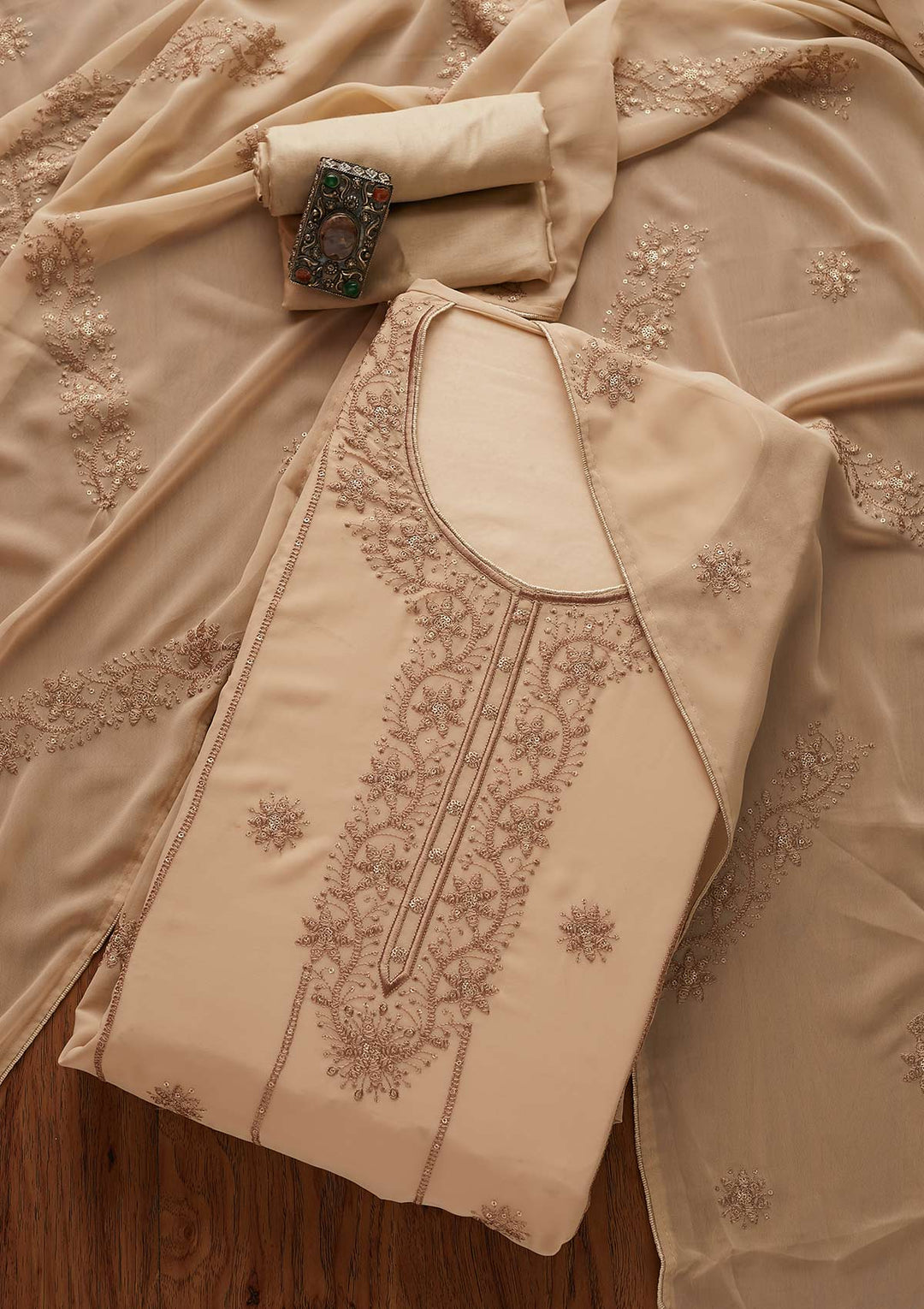 Beige Threadwork Georgette Designer Semi-Stitched Salwar Suit - Koskii