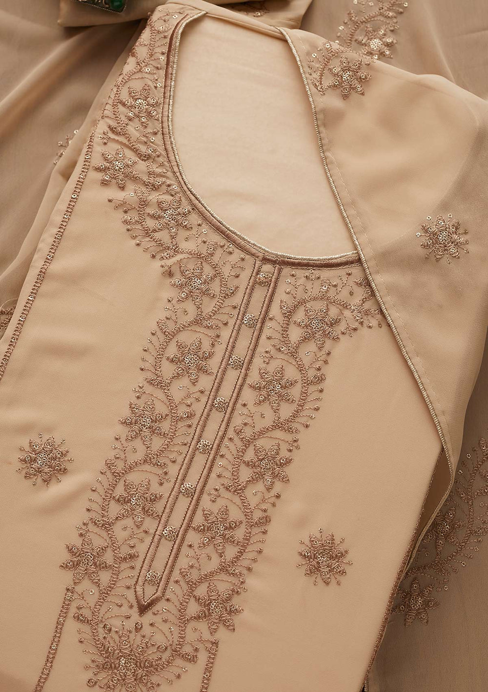 Beige Threadwork Georgette Designer Semi-Stitched Salwar Suit - Koskii