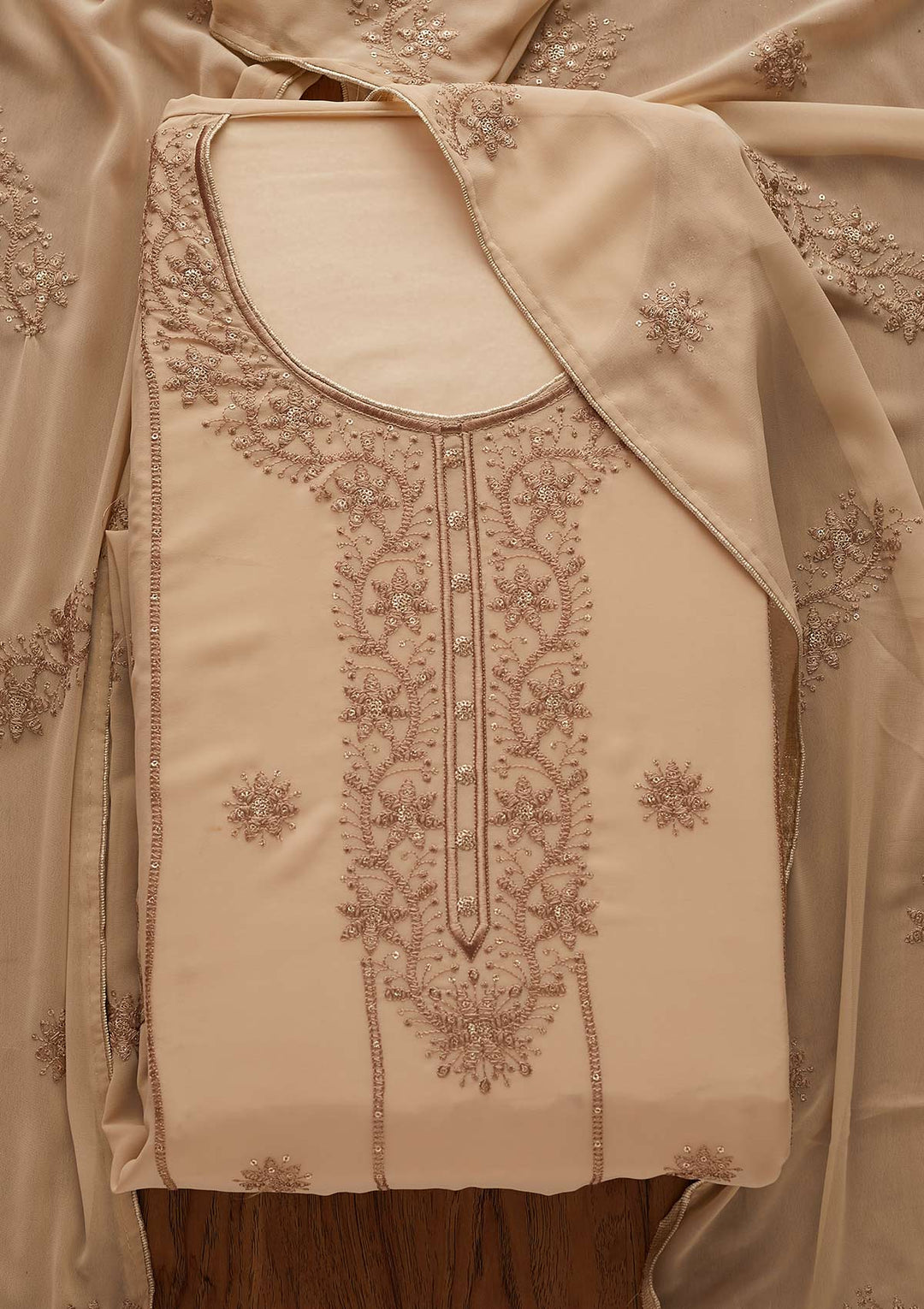 Beige Threadwork Georgette Designer Semi-Stitched Salwar Suit - Koskii