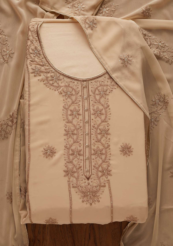 Beige Threadwork Georgette Designer Semi-Stitched Salwar Suit - Koskii